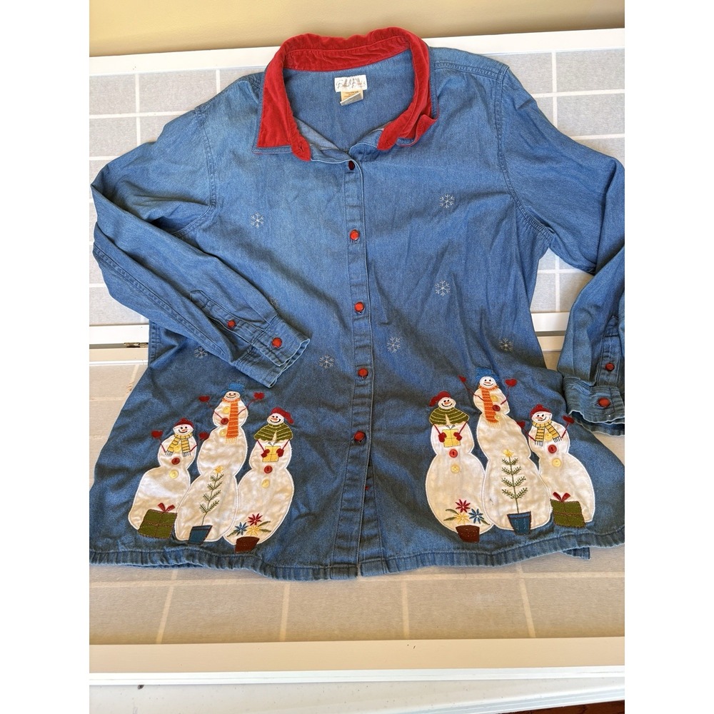 Vtg Bobbie Brooks Christmas Embroidered Snowman Denim Shirt Women 22/24W Plus